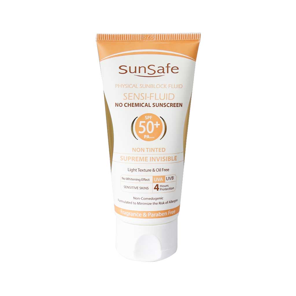 خرید فلوئید ضد آفتاب فیزیکال SPF50 بی رنگ سان سیف مناسب پوست حساس و مستعد قرمزی حجم 50 میلی لیتر با کمترین قیمت از چاوک آنلاین شاپ