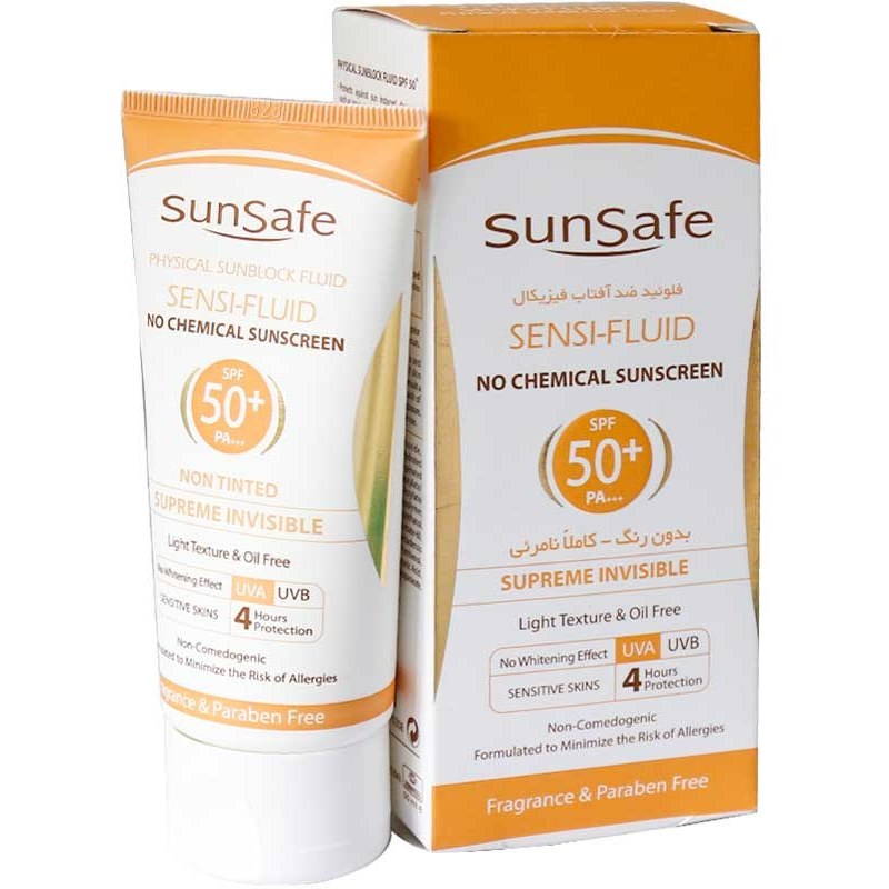 خرید فلوئید ضد آفتاب فیزیکال SPF50 بی رنگ سان سیف مناسب پوست حساس و مستعد قرمزی حجم 50 میلی لیتر با کمترین قیمت از چاوک آنلاین شاپ