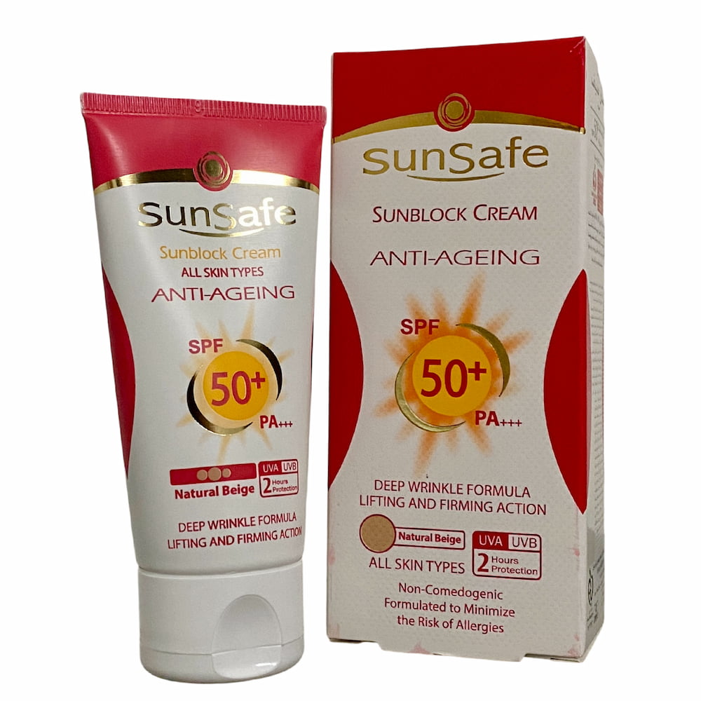 خرید کرم ضد آفتاب ضد چروک SPF50 سان سیف مناسب انواع پوست حجم 50 میلی لیتر بژ طبیعی از چاوک آنلاین شاپ