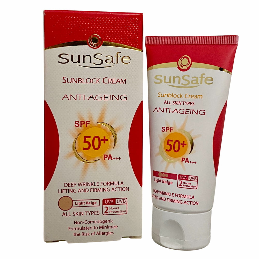 خرید کرم ضد آفتاب ضد چروک SPF50 سان سیف مناسب انواع پوست حجم 50 میلی لیتر بژ روشن از چاوک آنلاین شاپ