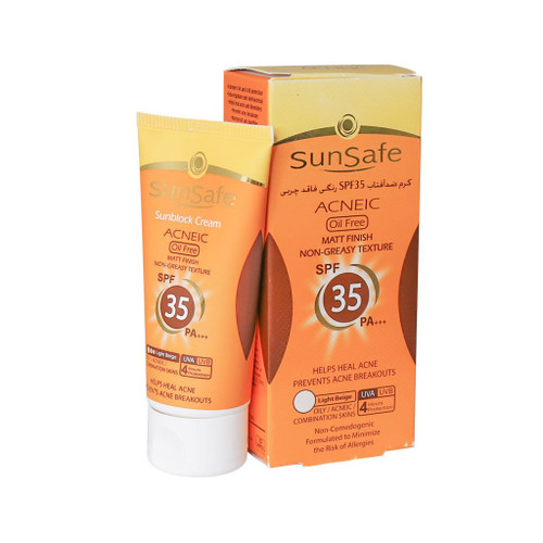 خرید اینترنتی کرم ضد آفتاب SPF35 رنگی فاقد چربی سان سیف مناسب پوست های چرب و آکنه ای بژ روشن حجم ۵۰ میلی لیتر از چاوک آنلاین شاپ