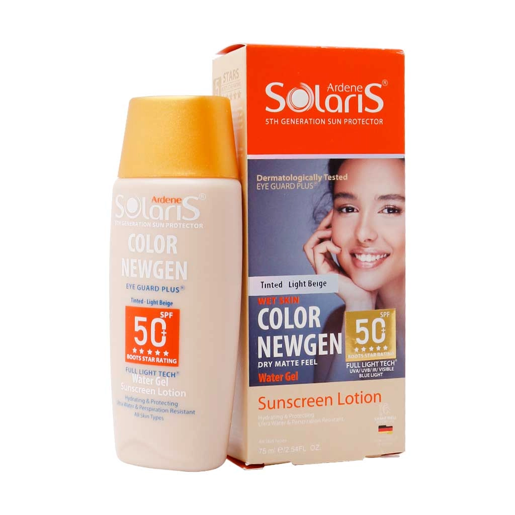 خرید اینترنتی لوسیون آبی ضد آفتاب فاقد چربی spf50 کالر نیوژن سولاریس آردن بژ روشن حجم 75 میلی لیتر از چاوک آنلاین شاپ