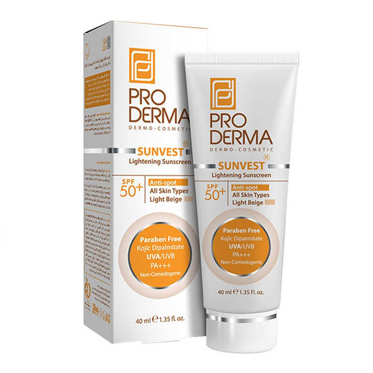 خرید اینترنتی کرم ضد آفتاب و روشن کننده لک های پوست +SPF50 پرودرما بژ روشن حجم 40 میلی لیتر از چاوک آنلاین شاپ