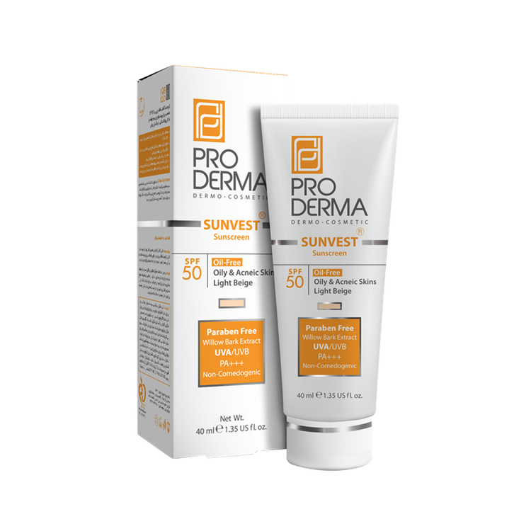 خرید اینترنتی کرم ضد آفتاب فاقد چربی SPF50 پرودرما برای پوست های چرب و جوش دار بژ روشن حجم ۴۰ میلی لیتر از چاوک آنلاین شاپ